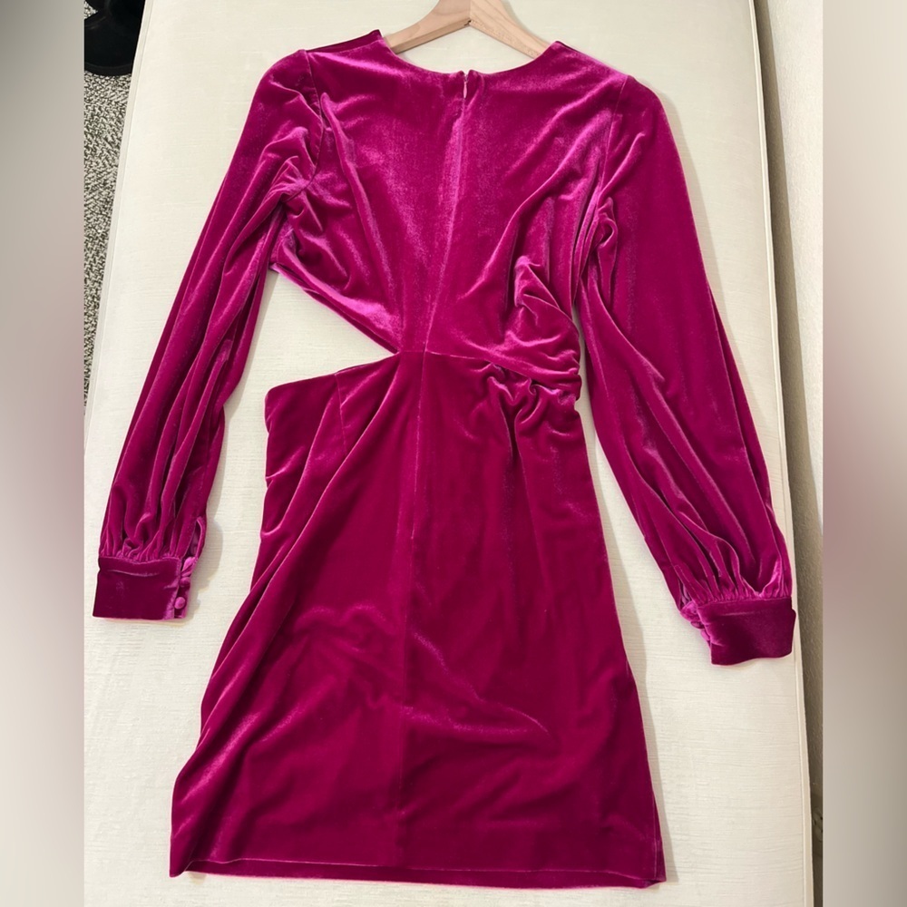 One33 Social Hot Pink Velvet Cutout Mini Dress Draped Front Balloon Sleeve Glam - Picture 2 of 15